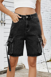 Black denim cargo shorts with straps and utility pockets