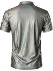 Men's grey collared polo shirt with textured finish and short sleeves.