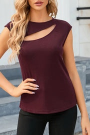 Dark Brown ribbed knit cutout top with cap sleeves and crew neck.