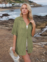 Yellow-Green diamond knit collared cardigan shirt with short sleeves and button front.