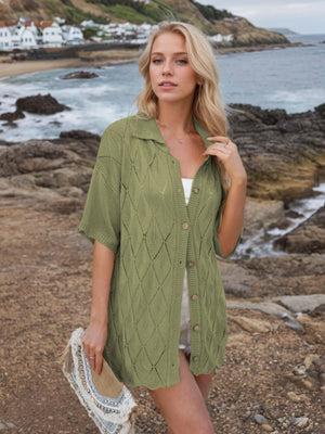 Yellow-Green diamond knit collared cardigan shirt with short sleeves and button front.
