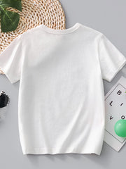 White cotton crew-neck t-shirt with short sleeves and a dinosaur print.
