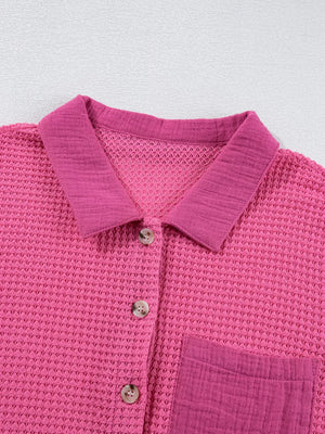 Waffle-knit button-down shirt in cerise with a chest pocket and button details.