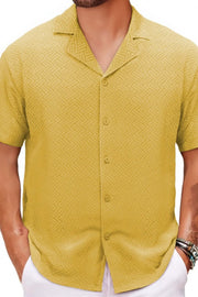 Textured resort collar shirt in gold with a geometric pattern, short sleeves, and button front.
