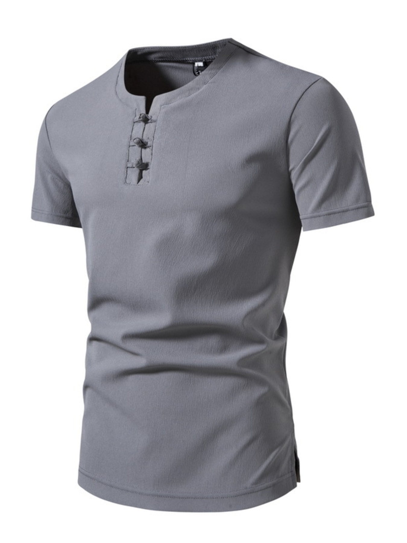 Men's gray cotton casual Henley t-shirt with buttoned placket and short sleeves.