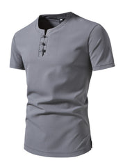 Men's gray cotton casual Henley t-shirt with buttoned placket and short sleeves.