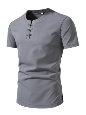 Men's gray cotton casual Henley t-shirt with buttoned placket and short sleeves.