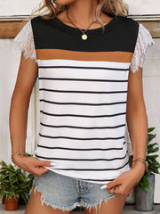 Colorblock stripe t-shirt with black yoke and white lace cap sleeves.