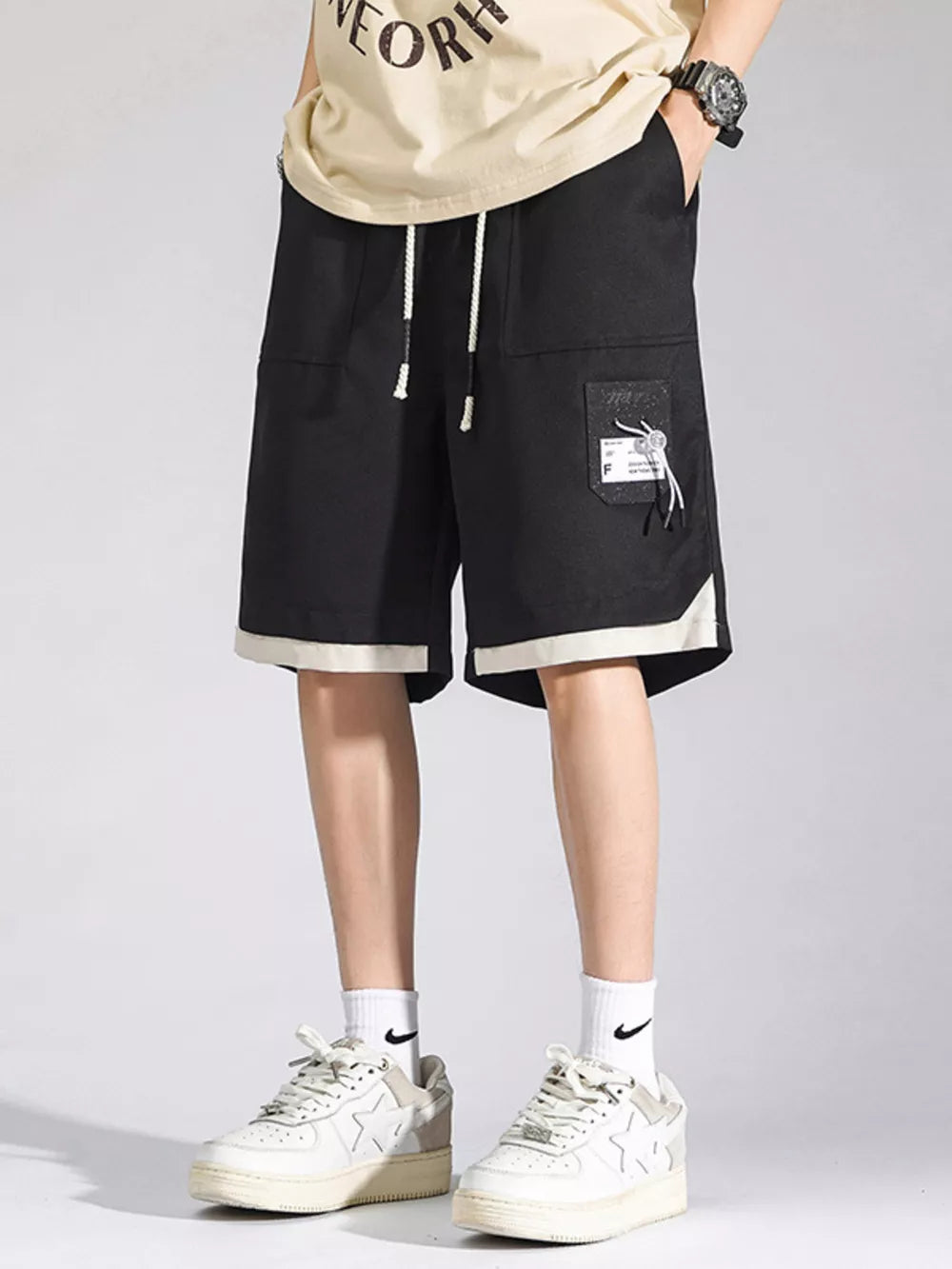 Men's Plus Size Drawstring Cargo Shorts in Cream, back view