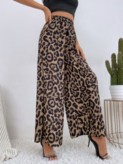 Leopard print palazzo trousers with a high elastic waist and wide leg.