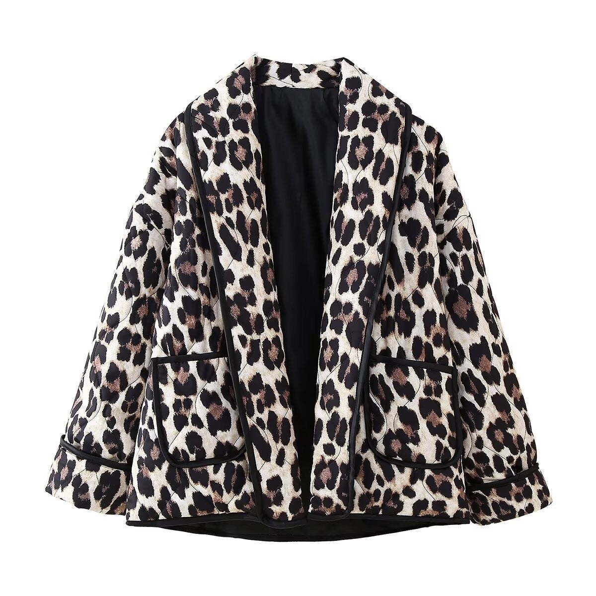 Leopard quilted kimono jacket with pockets and black trim.