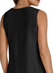 Black eyelet V-neck sleeveless tank top with a subtle diamond pattern.