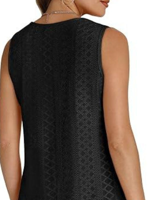 Black eyelet V-neck sleeveless tank top with a subtle diamond pattern.
