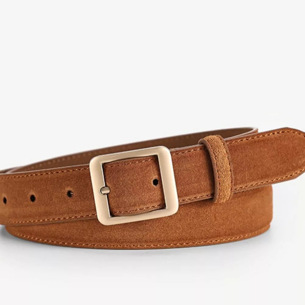 Brown cowhide leather belt with square gold buckle and subtle stitching detail.
