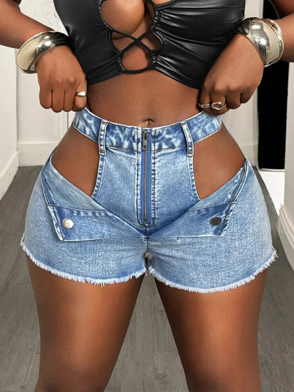 Cut-out Denim Shorts With Frayed Hem in Blue, model styling view