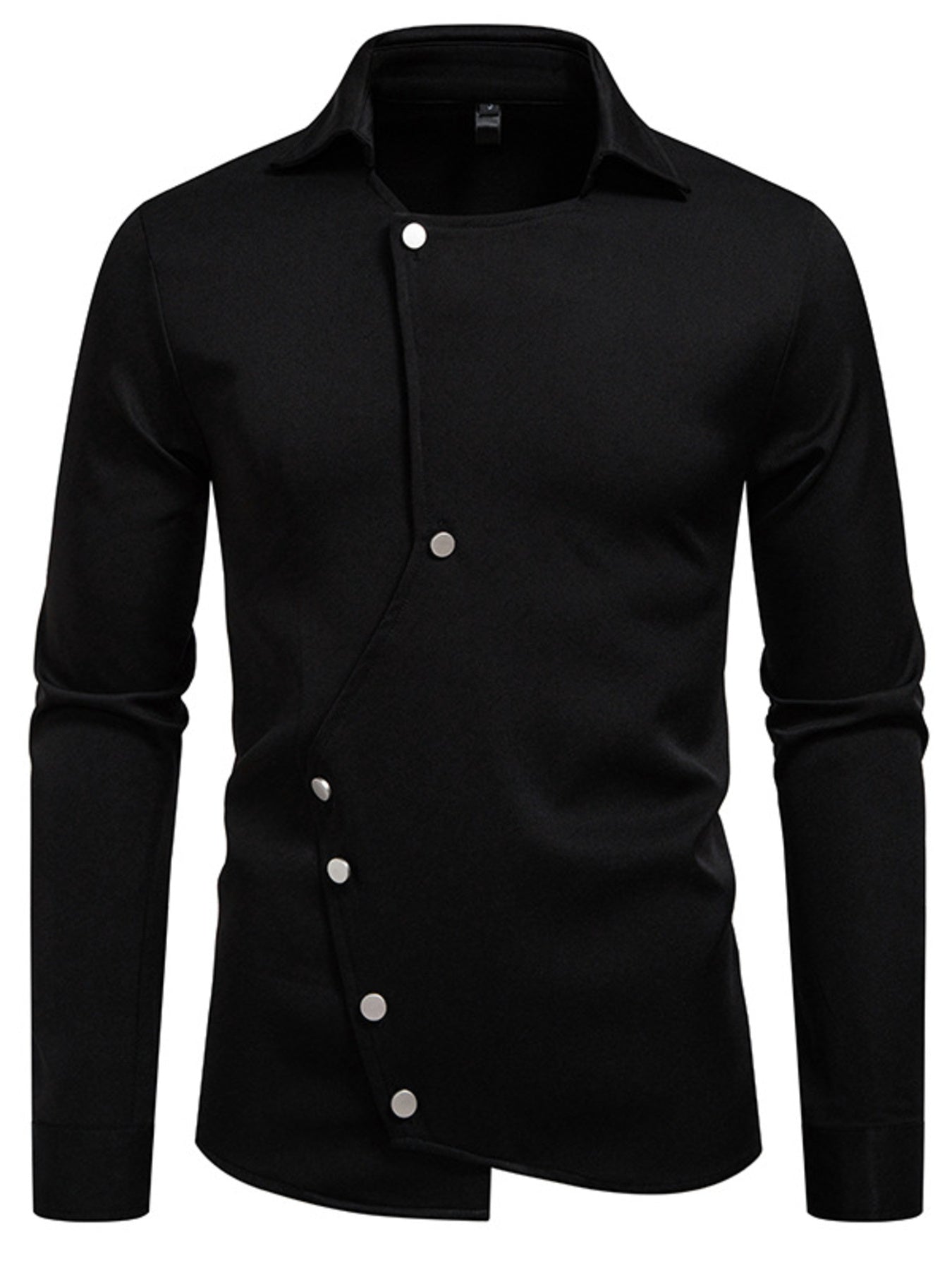Black long sleeve shirt with asymmetrical button detail and classic collar
