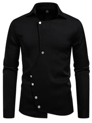 Black long sleeve shirt with asymmetrical button detail and classic collar