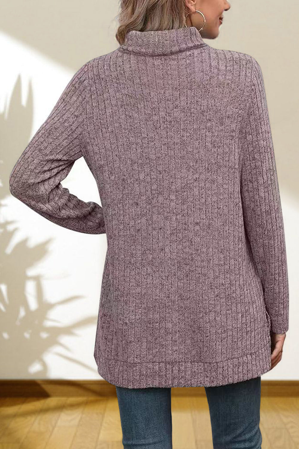 Ribbed knit turtleneck tunic top in Lavender, with long sleeves and a relaxed fit.