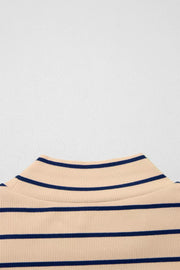 Striped mock neck t-shirt in beige and navy blue cotton with ribbed texture.