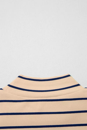 Striped mock neck t-shirt in beige and navy blue cotton with ribbed texture.
