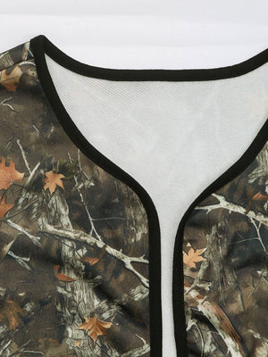 Multicolor camouflage print open jacket with black trim and white mesh lining.