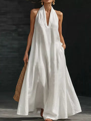 White halter neck maxi dress with pockets, 100% polyester, V-neck, flowy skirt