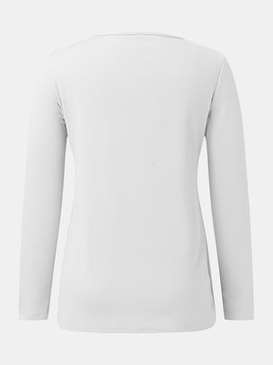 White ribbed henley scoop neck long sleeve top