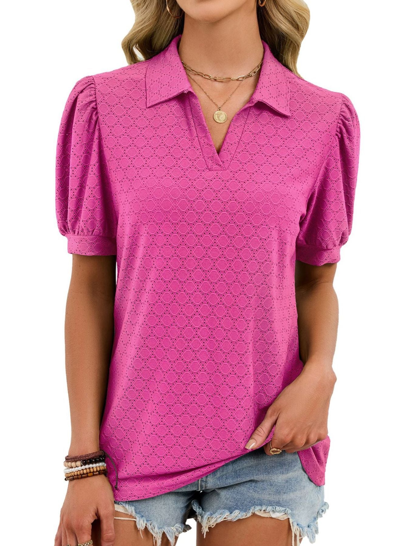 Barbie Powder eyelet collar top with puff sleeves and v-neck.