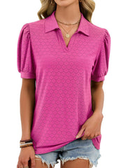 Barbie Powder eyelet collar top with puff sleeves and v-neck.