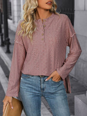 Dusty pink perforated henley shirt with button detail and slit hem