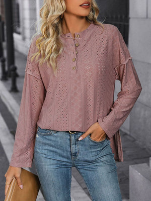 Dusty pink perforated henley shirt with button detail and slit hem