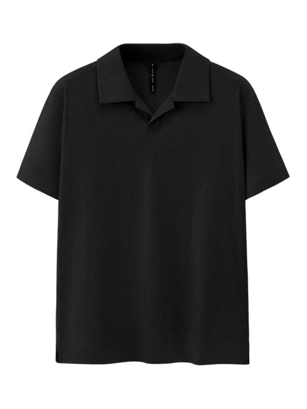 Black short sleeve polo shirt in 100% polyester with a classic fit and spread collar.