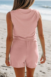 Ribbed Henley Tank & Drawstring Short Set in Pale Blush, sleeveless top and shorts.