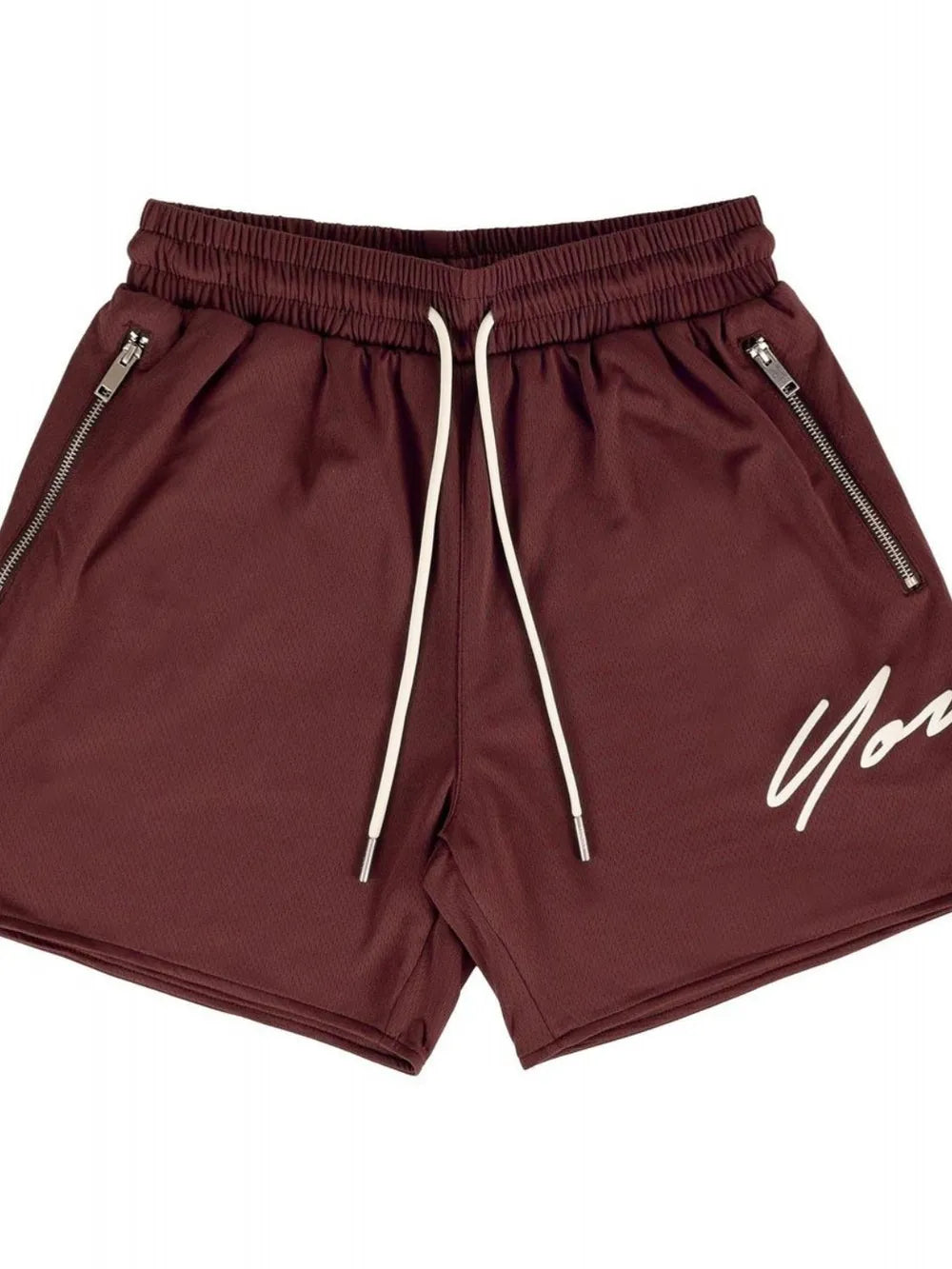Burgundy jogger shorts with drawstring, zip pockets, and white script logo detail.