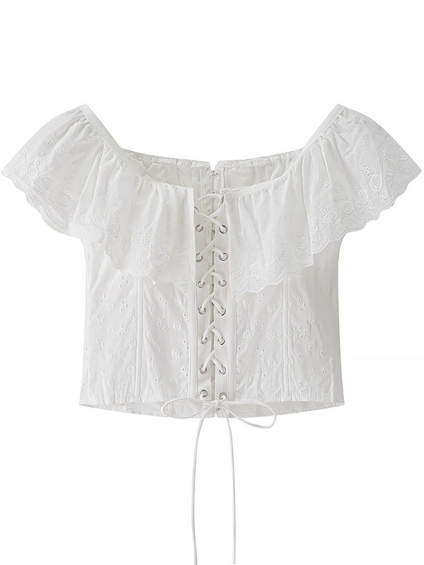 White eyelet lace-up corset tank top with ruffle trim and short sleeves.