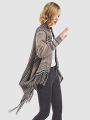Asymmetric fringe cardigan in ochre with stripe pattern and acrylic material.