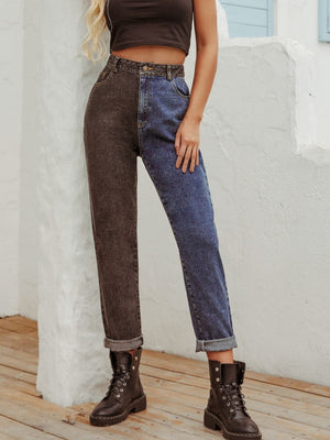 Split-tone straight leg jeans in medium wash and dark wash cotton, cuffed hem