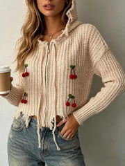 Cherry Knit Zip-up Hooded Sweater in Black, side view