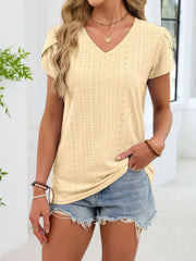Pastel yellow eyelet v-neck tee with petal sleeves and a textured pattern.