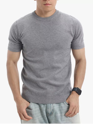 Men's gray acrylic knit crew neck undershirt with short sleeves and ribbed hem.