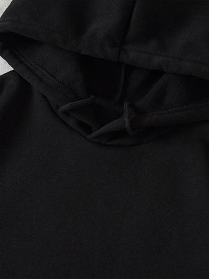 Black hoodie with adjustable drawstring hood and visible stitching detail.