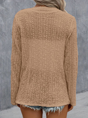 Camel open-weave long sleeve cardigan with intricate diamond pattern detail.