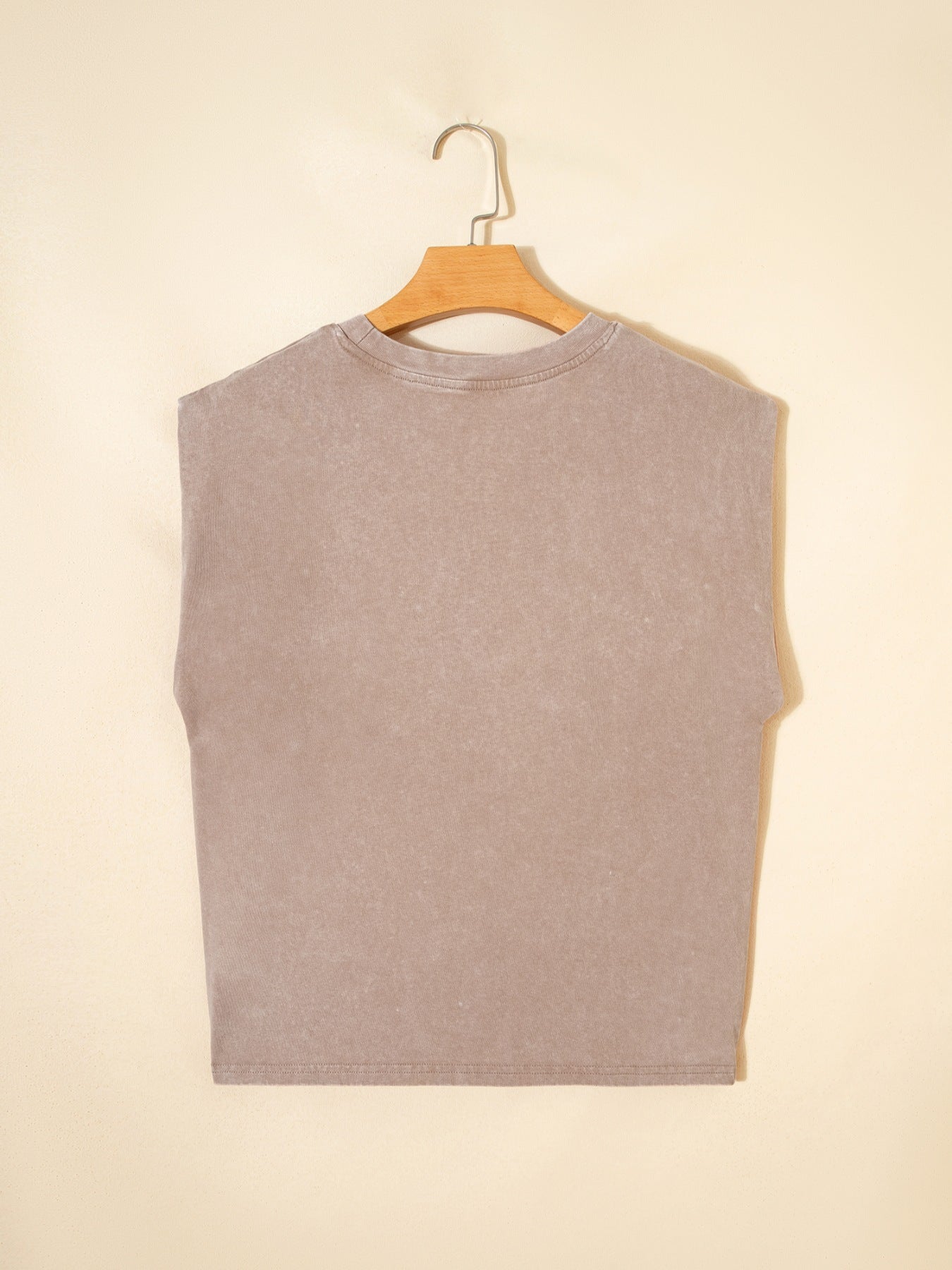 Khaki acid-washed cotton tank top with a crew neck and sleeveless cut.