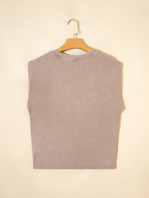 Khaki acid-washed cotton tank top with a crew neck and sleeveless cut.