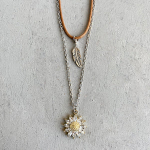 Layered necklace set with sunflower and feather charms, alloy material.