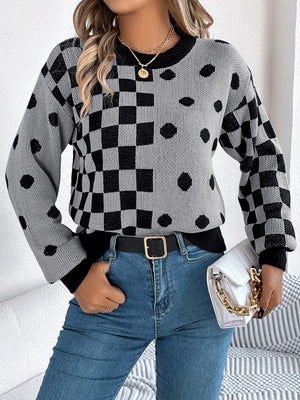 Gray acrylic sweater with checkerboard and dot intarsia pattern, crew neck, long sleeves.
