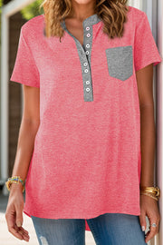 Strawberry contrast henley tee with patch pocket and button detail