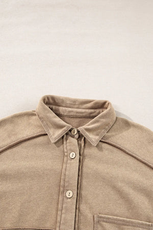 Tan waffle knit overshirt with collar, button front, and patch pocket detail.
