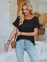 Black t-shirt with flutter sleeves and a scoop neck.
