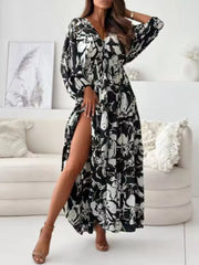 Printed V-neck Balloon Sleeve Maxi Dress in Black, front view